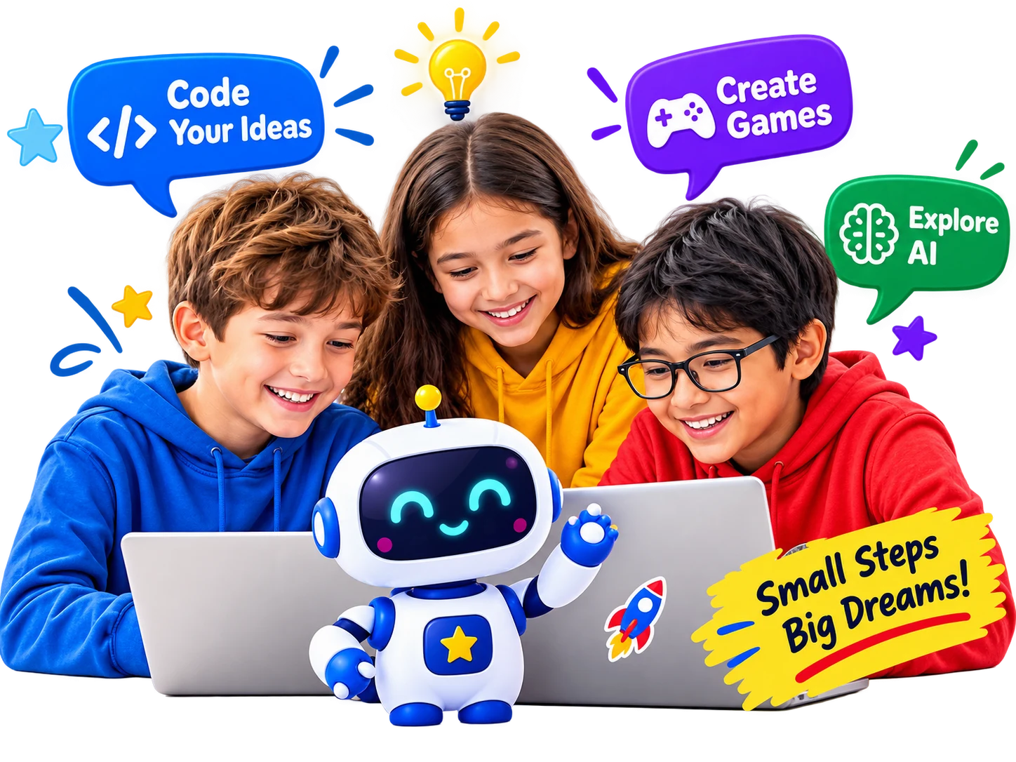 Three smiling kids coding together on laptops with a friendly little robot, speech bubbles saying Code Your Ideas, Create Games and Explore AI, and a sticky note that says Small Steps, Big Dreams!